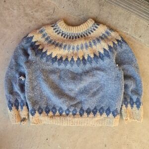 VTG 70s Hand Knit Wool Sweater Boxy Scottish Fair Isle Unisex XL Blue Distressed